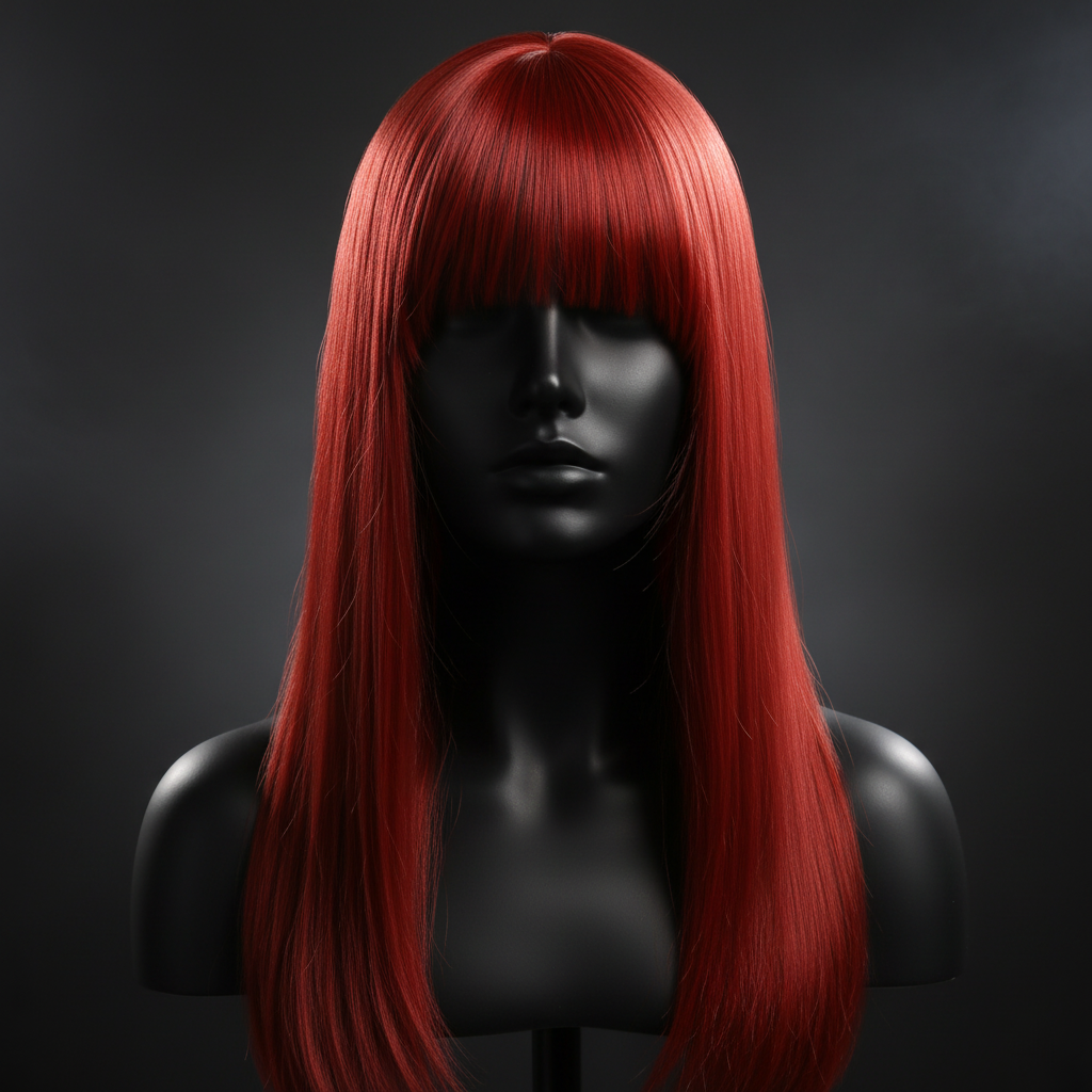 Womens red long straight wig with fringe on mannequin with dramatic studio lighting