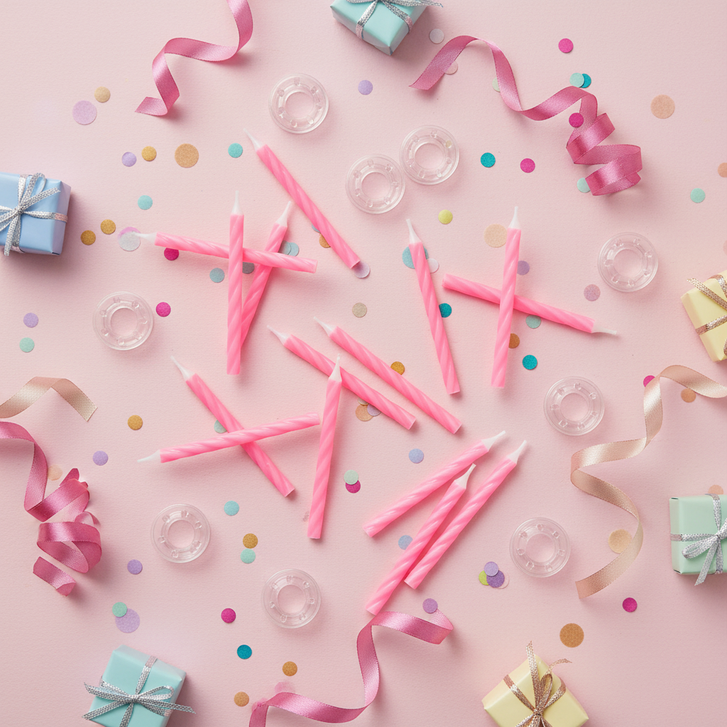Flat lay of pink party candles with confetti and gift boxes on a pastel pink surface