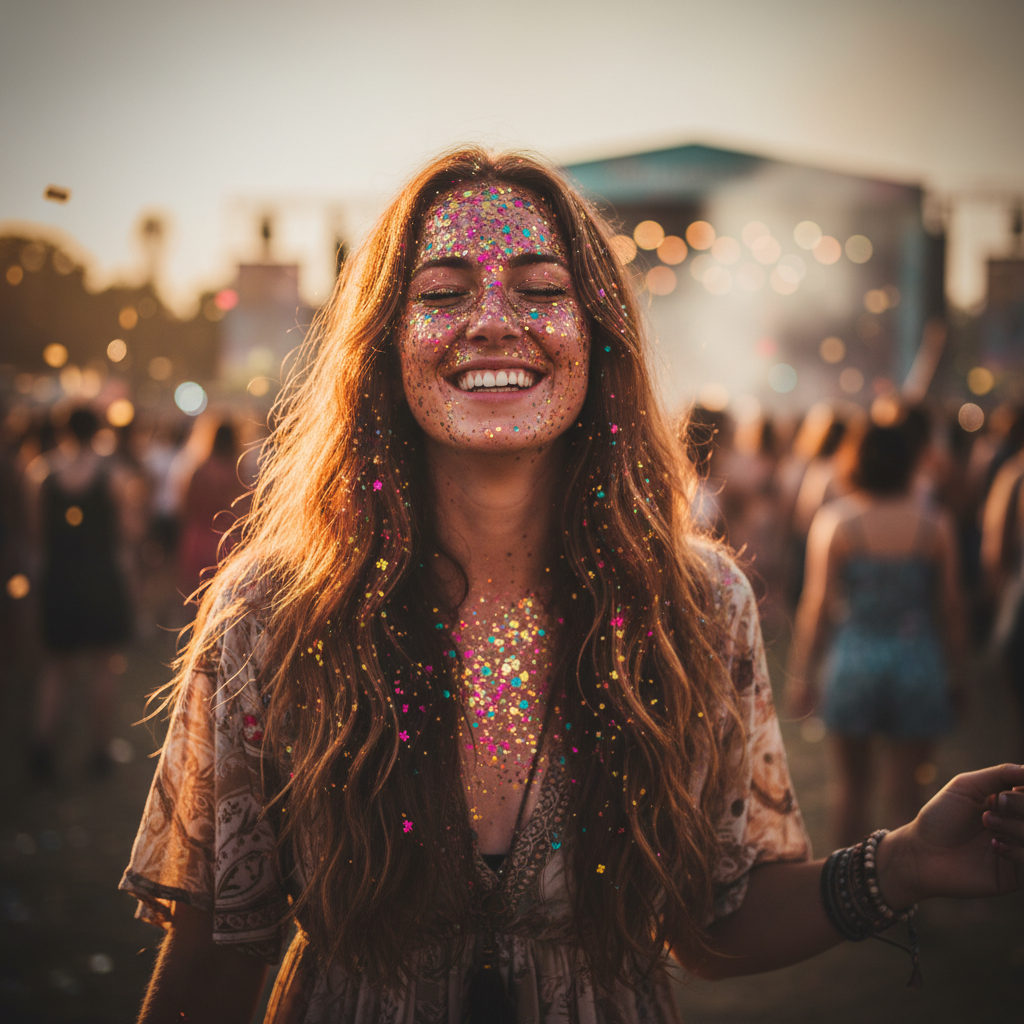 Woman at festival with rainbow multi-colour glitter hair catching golden hour sunlight