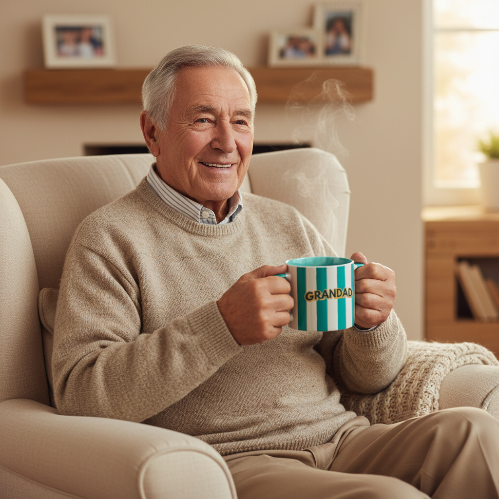 Grandfather sitting in armchair smiling and enjoying a hot drink from the Grandad Stripes 700ml gift mug