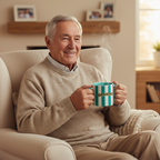Grandfather sitting in armchair smiling and enjoying a hot drink from the Grandad Stripes 700ml gift mug