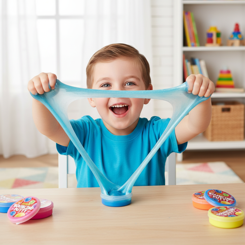 Happy child stretching bouncing putty at home table - Why Not Shop