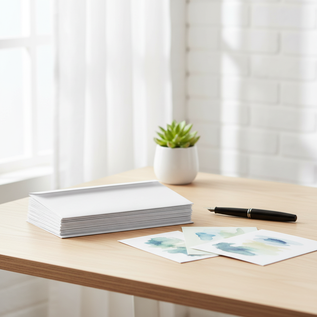 White C6 envelopes stacked on a stylish home desk with pen, plant and natural window light, interior magazine quality