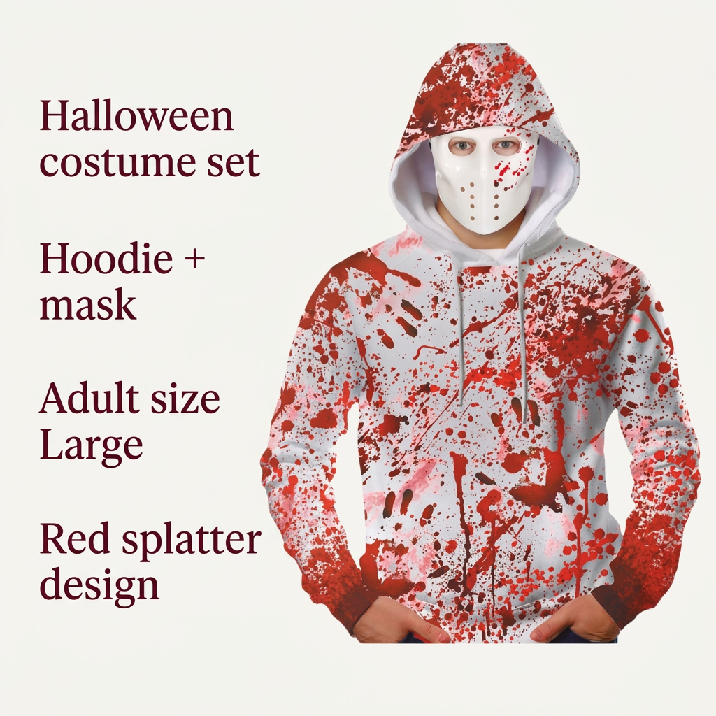 Red-splattered hoodie and mask feature graphic showing adult Large size and Halloween costume details.