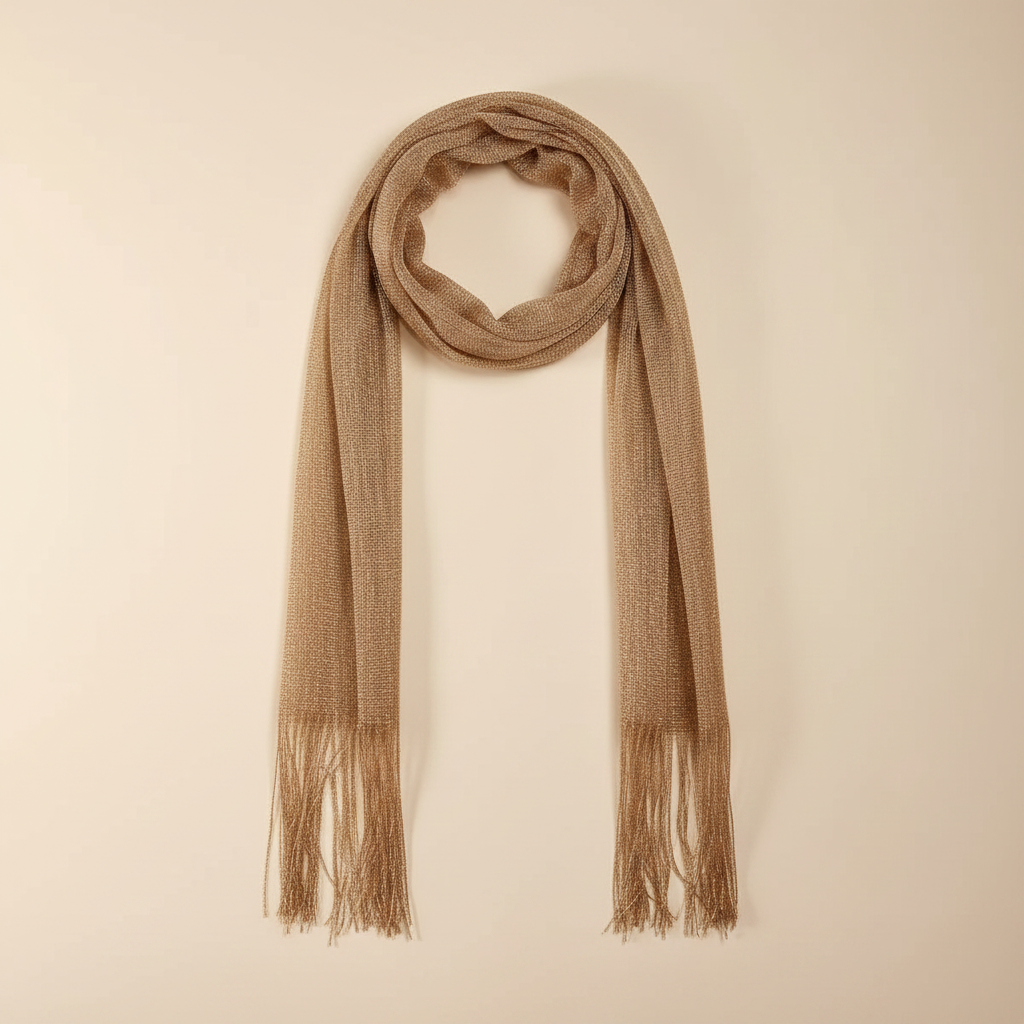 Women's bohemian metallic gold long scarf with fringe displayed on a warm cream background, showing full length and shimmer detail