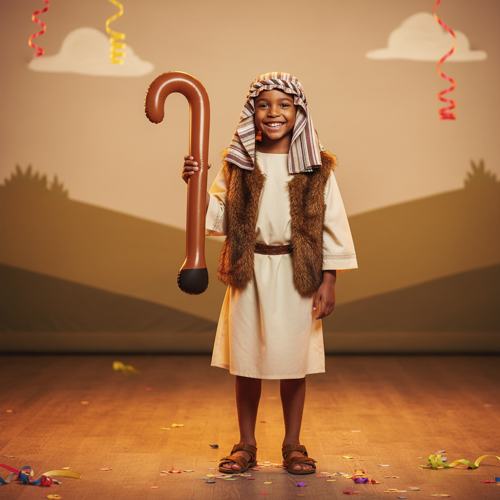 Child in shepherd costume holding inflatable walking stick as shepherd crook in school nativity play