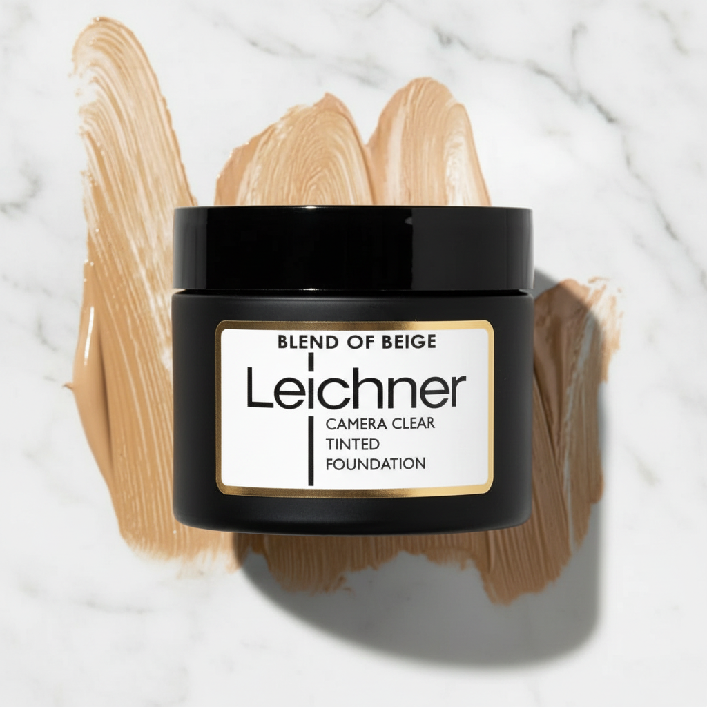 Leichner Camera Clear Foundation Blend Of Beige jar on white marble surface - professional product shot