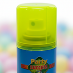 Extreme macro close-up of Party Success Fluorescent Yellow Hair Colour Spray 125ml showing fluorescent yellow-green cap and fine mist nozzle detail