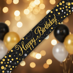 9ft Sparkling Fizz Happy Birthday Banner in black and gold holographic - premium party decoration