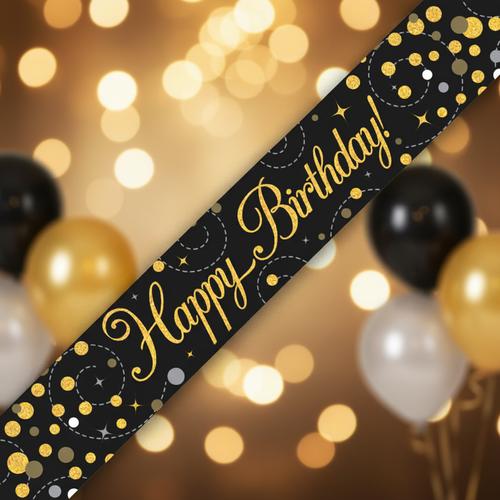 9ft Sparkling Fizz Happy Birthday Banner in black and gold holographic - premium party decoration