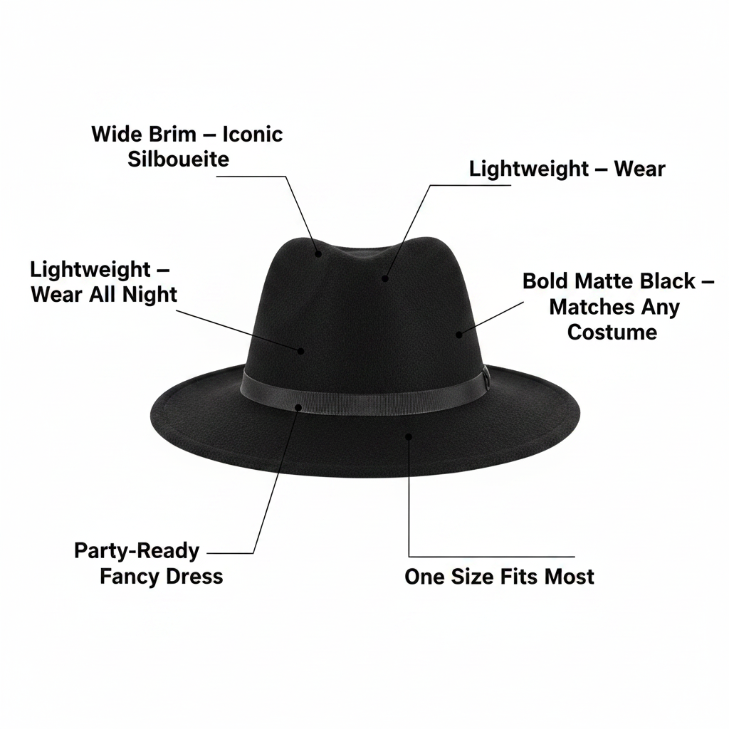 Classic black fedora hat feature infographic with callout labels highlighting key product specs