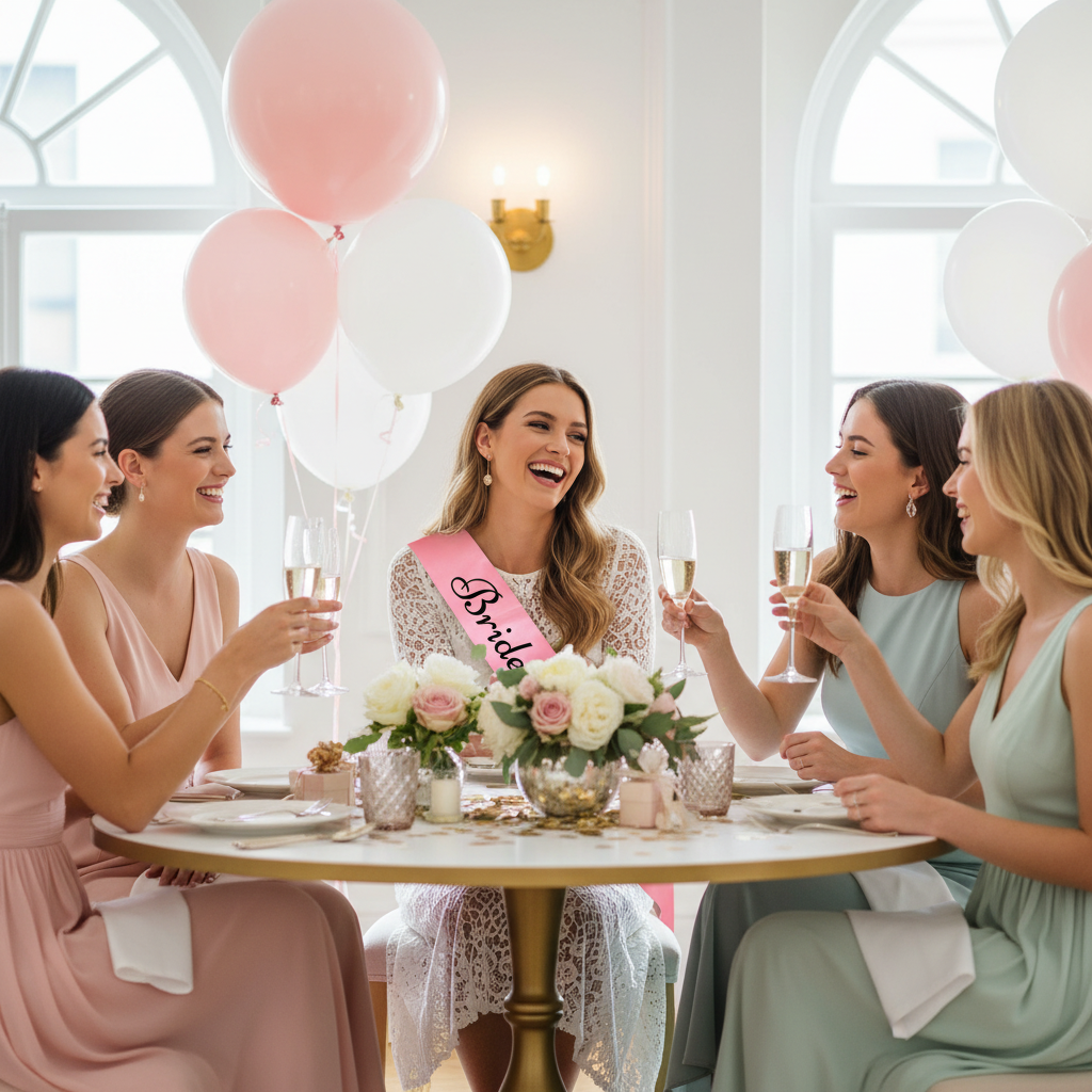 Bride to be wearing pink sash at glamorous hen party brunch with prosecco and flowers