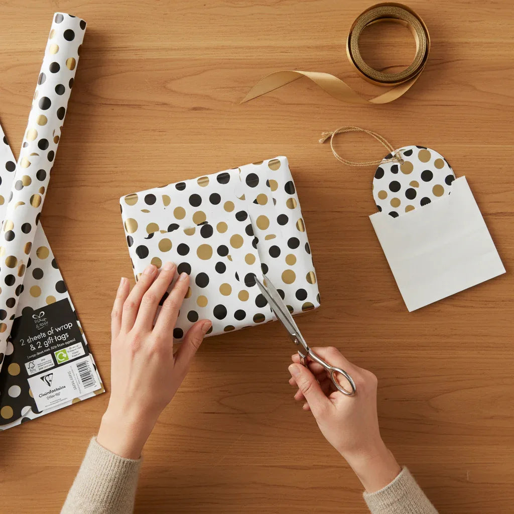 Flatwrap Generic 2 Sheets & 2 Tags Dots Black And Gold - Why Not Shop