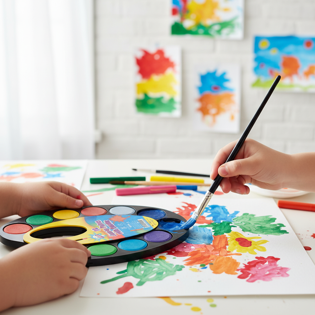 Children's hands using paint palette and brush creating colorful artwork - kids art supplies in action
