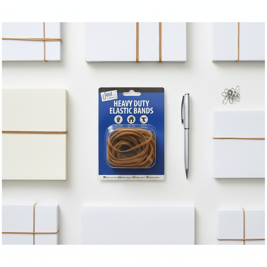 Flat lay of Just Stationery heavy duty elastic bands 60g with bundled documents on a white desk