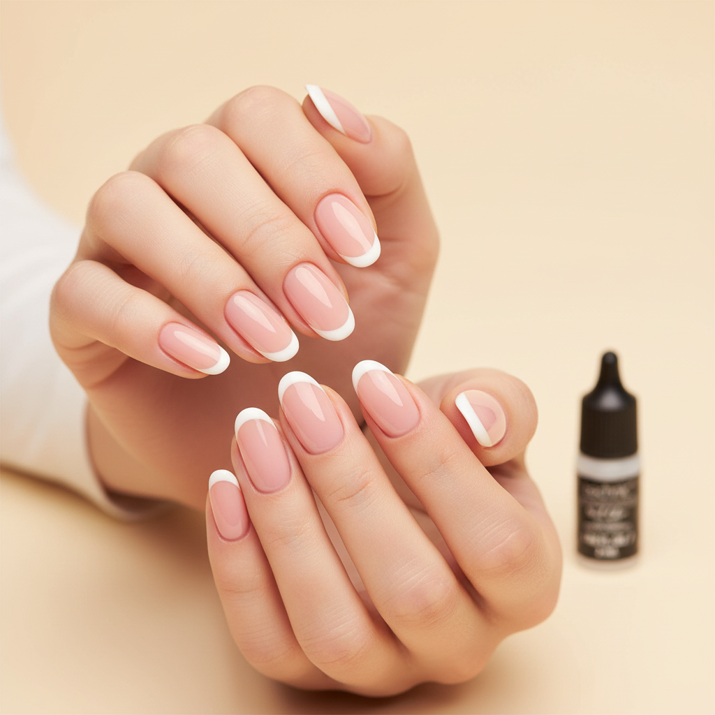 Woman's hands showing perfectly applied false nails — outcome shot demonstrating the strong bond of Technic Essentials Clear Nail Glue