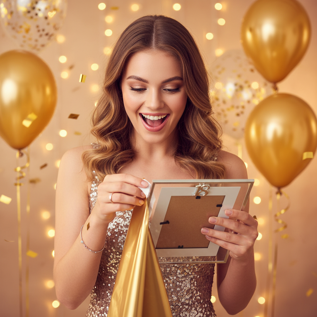 Young woman unwrapping a silver Age 18 milestone photo frame gift at a glamorous 18th birthday party