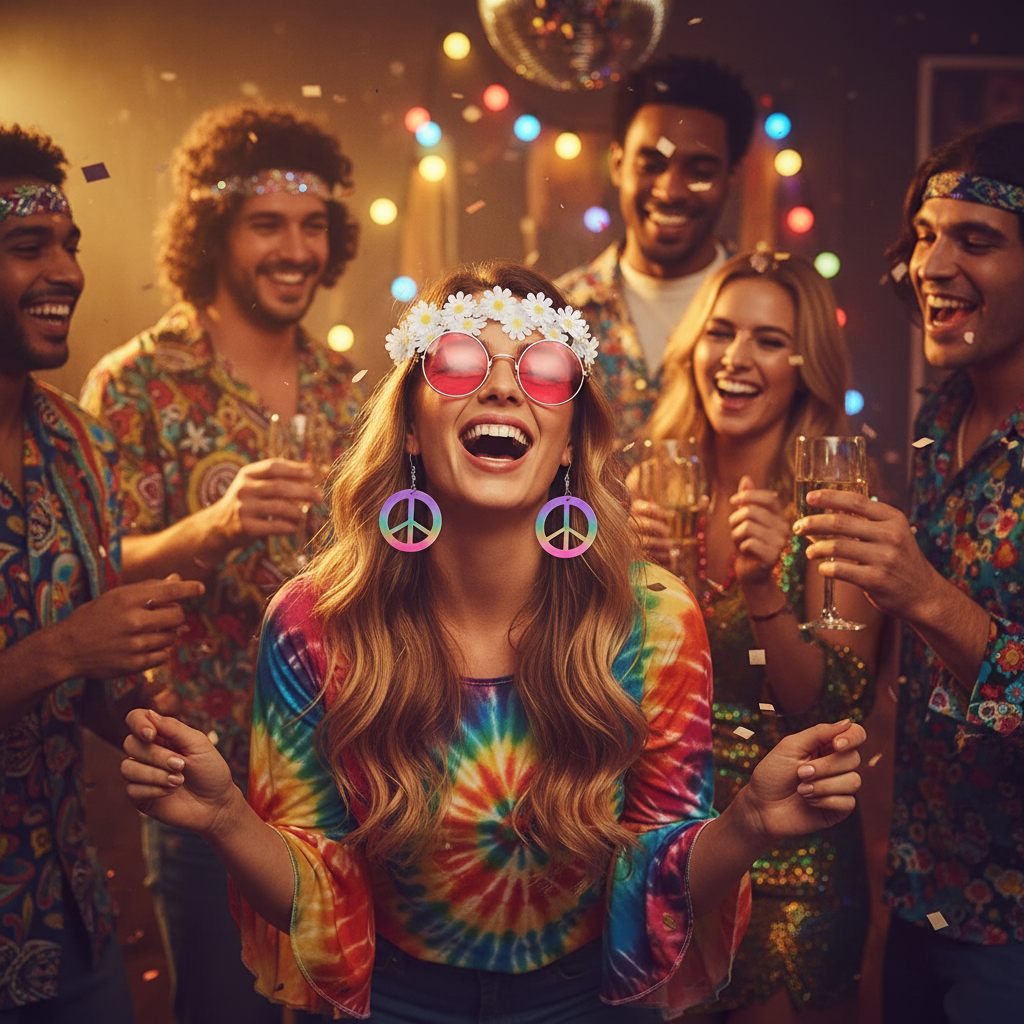 Group of friends at a 70s themed fancy dress party with woman wearing hippie set — pink sunglasses, daisy crown and peace sign earrings