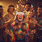 Group of friends at a 70s themed fancy dress party with woman wearing hippie set — pink sunglasses, daisy crown and peace sign earrings