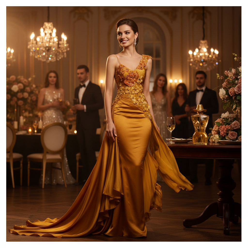 Confident elegant woman at evening event radiating allure, outcome of wearing Revitalise Fantasy EDP