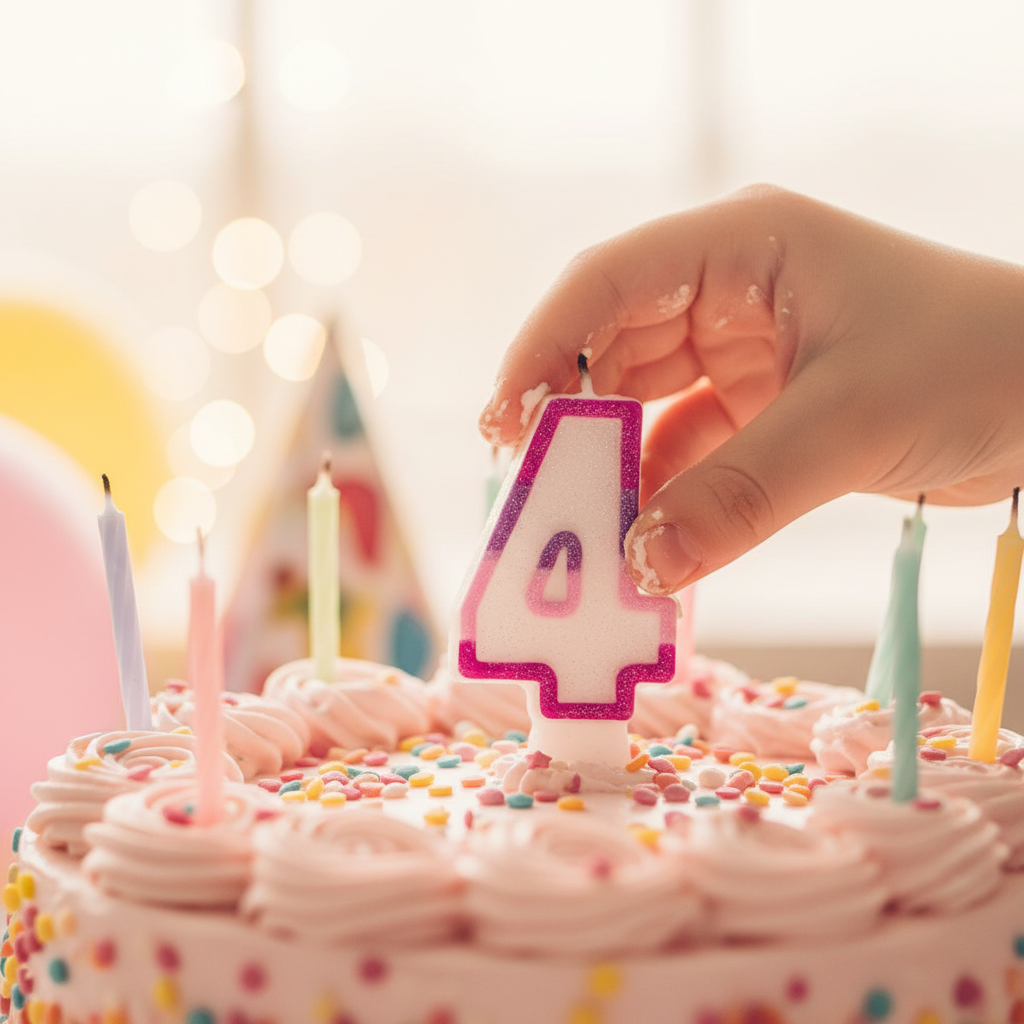 Child placing pink glitter number 4 birthday candle onto a birthday cake, candid moment with warm bokeh background