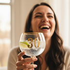 Woman in her 30s laughing and holding Art Deco 30th Birthday Gin Glass filled with gin and tonic, candid lifestyle shot