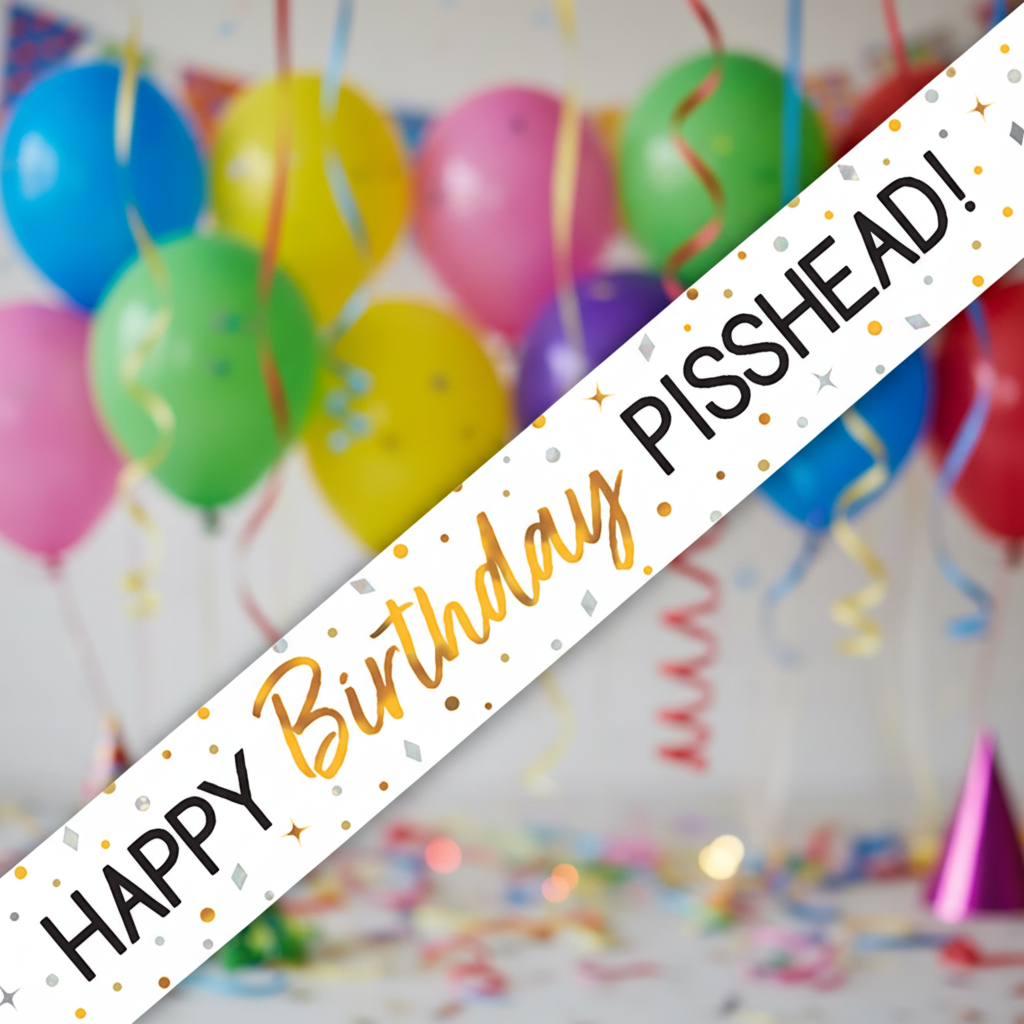 9ft Happy Birthday Pisshead novelty banner - humorous adult party decoration