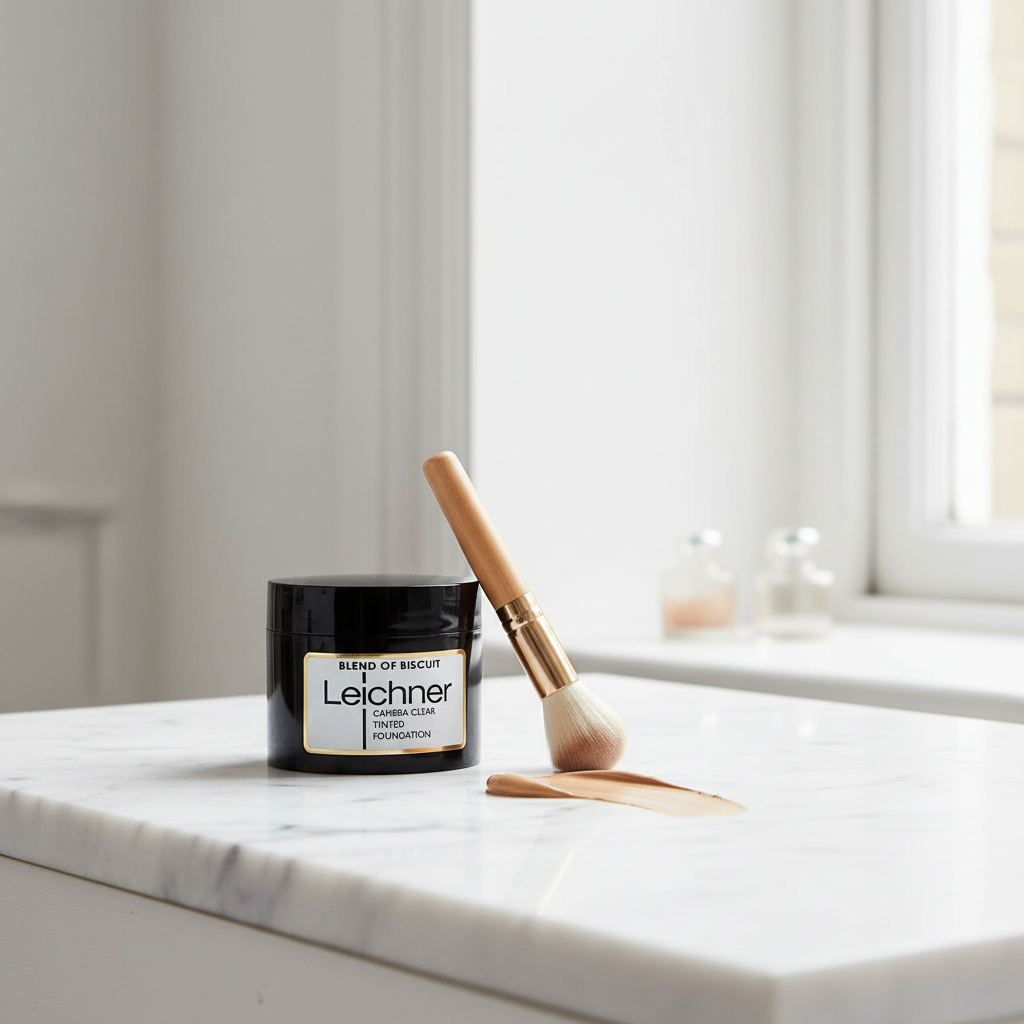 Leichner Camera Clear Tinted Foundation on marble vanity with natural window light, lifestyle beauty shot