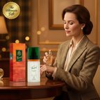 Elegant woman applying Taylor of London Tweed perfume in luxury bedroom setting