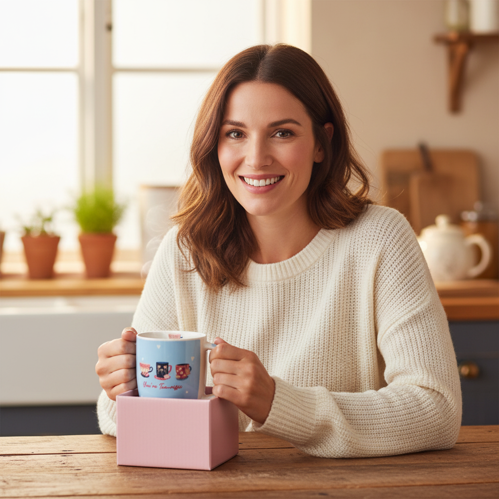 Woman smiling and holding the You're Tea-Riffic gift mug in a cosy kitchen