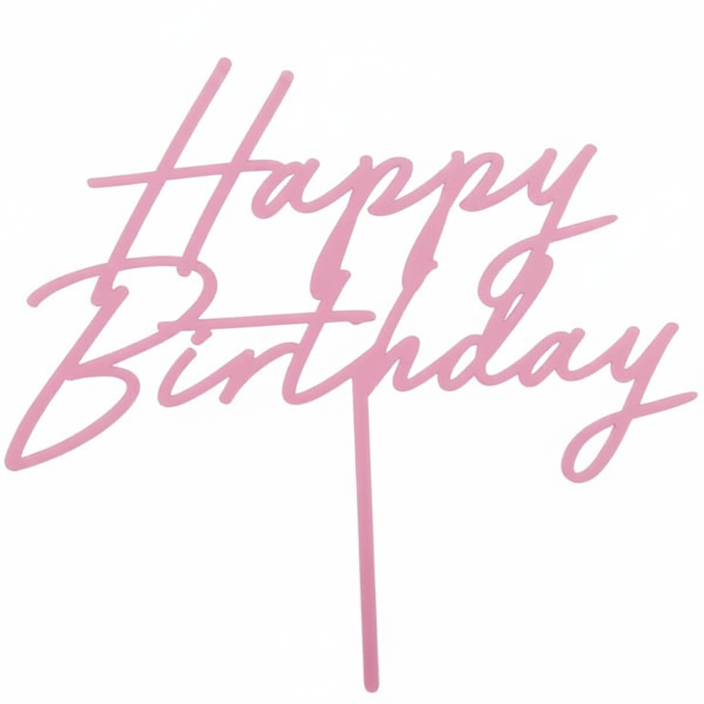 Close-up detail of the light pink acrylic Happy Birthday cake topper showing the laser-cut cursive letterform and smooth flat acrylic surface texture