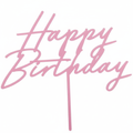 Close-up detail of the light pink acrylic Happy Birthday cake topper showing the laser-cut cursive letterform and smooth flat acrylic surface texture