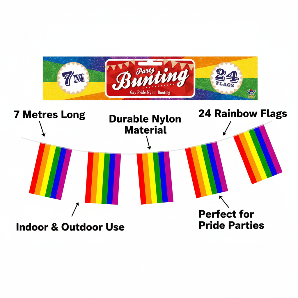 Gay Pride rainbow flag bunting feature infographic showing 7m length, 24 flags, nylon material and key features