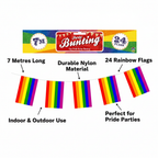 Gay Pride rainbow flag bunting feature infographic showing 7m length, 24 flags, nylon material and key features