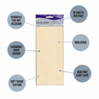 Ivory tissue paper pack of 10 with feature callout labels highlighting 10 sheets, luxurious ivory colour, soft texture, acid free, and versatile use