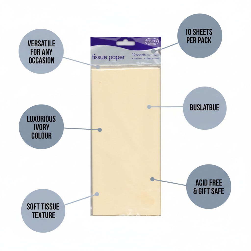 Ivory tissue paper pack of 10 with feature callout labels highlighting 10 sheets, luxurious ivory colour, soft texture, acid free, and versatile use