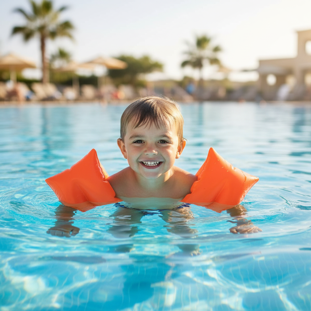 Young child confidently floating in pool wearing orange Intex inflatable arm bands