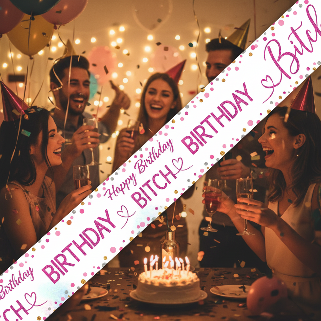 Holographic Happy Birthday Bitch banner displayed at adult birthday party with young people celebrating in background