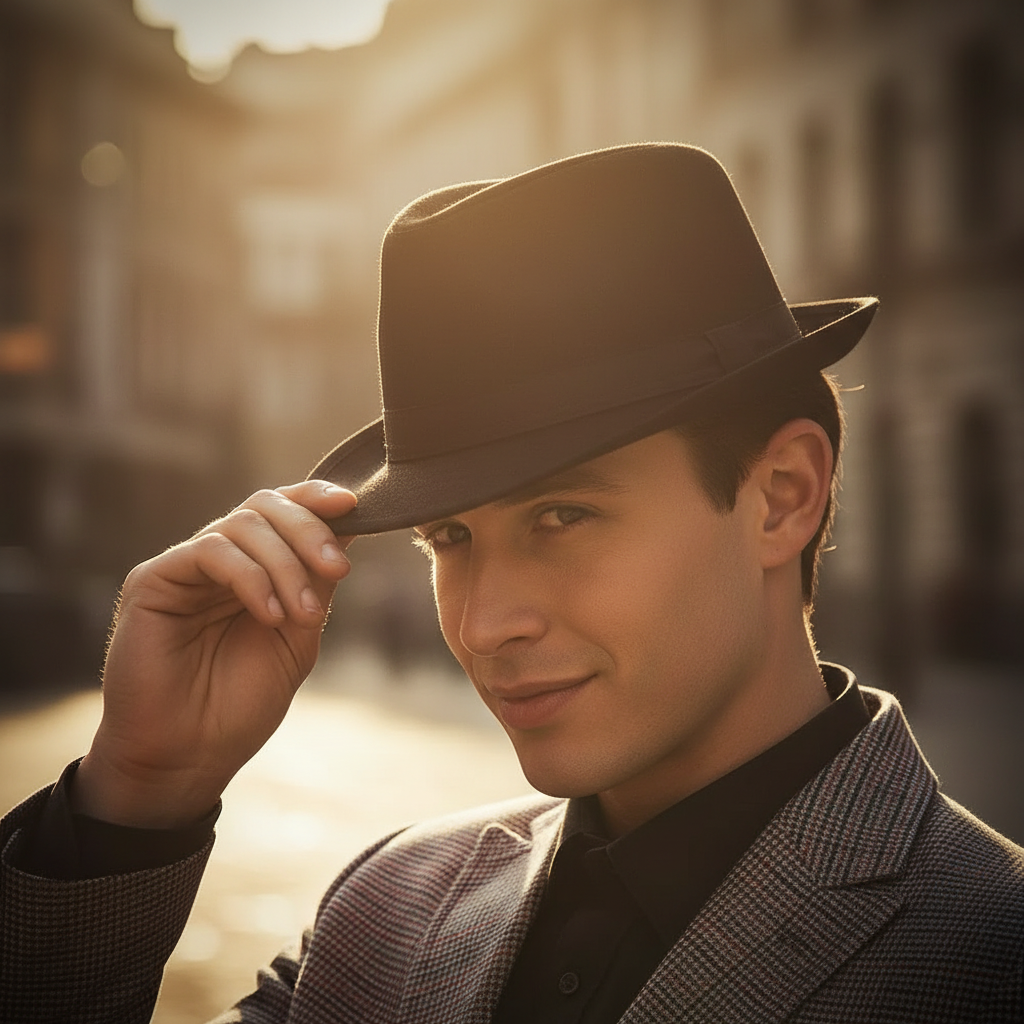 Confident adult tilting a black trilby hat in golden hour light, aspirational fashion shot