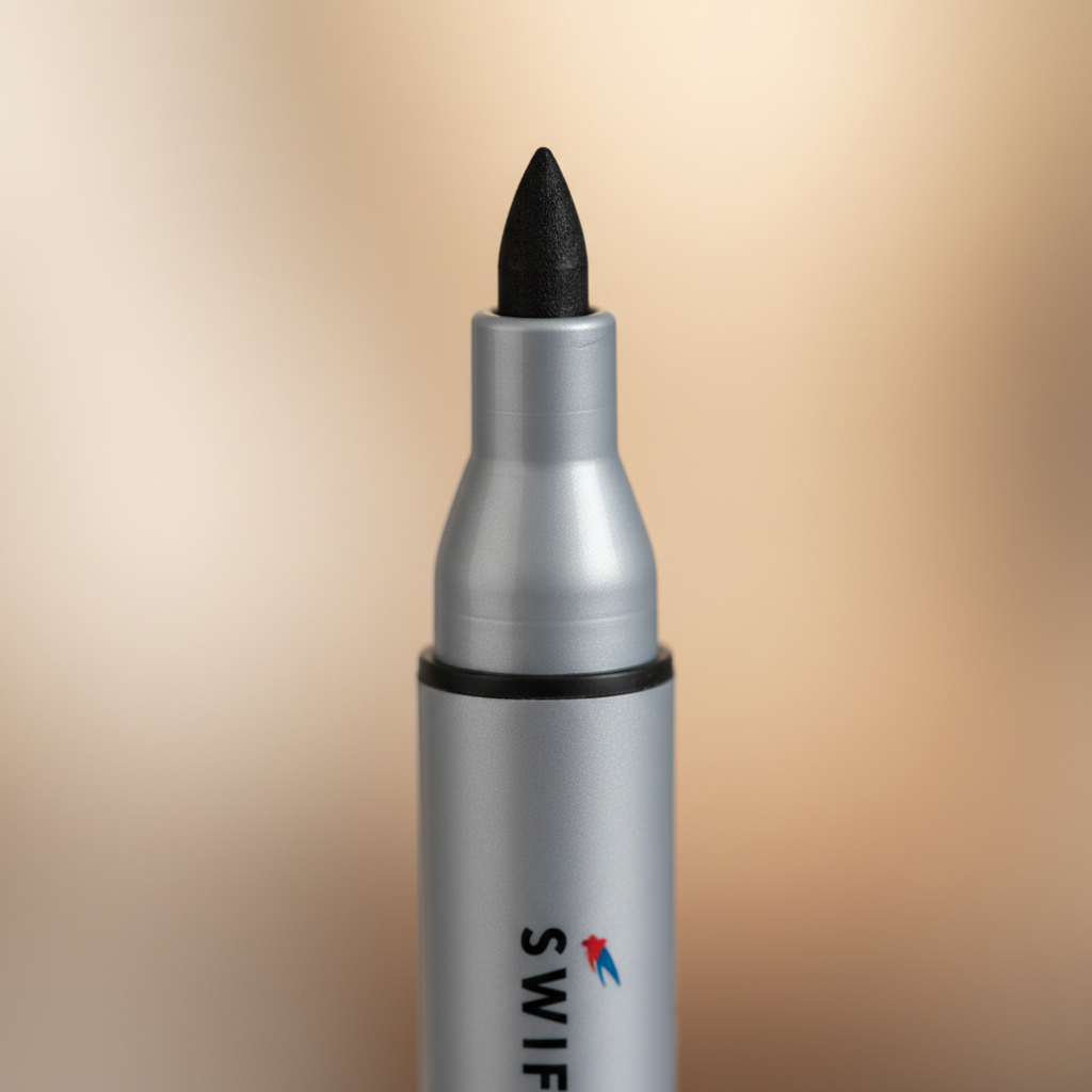 Extreme macro close-up of Swift permanent marker grey barrel and bullet tip — showcasing smooth finish and material quality