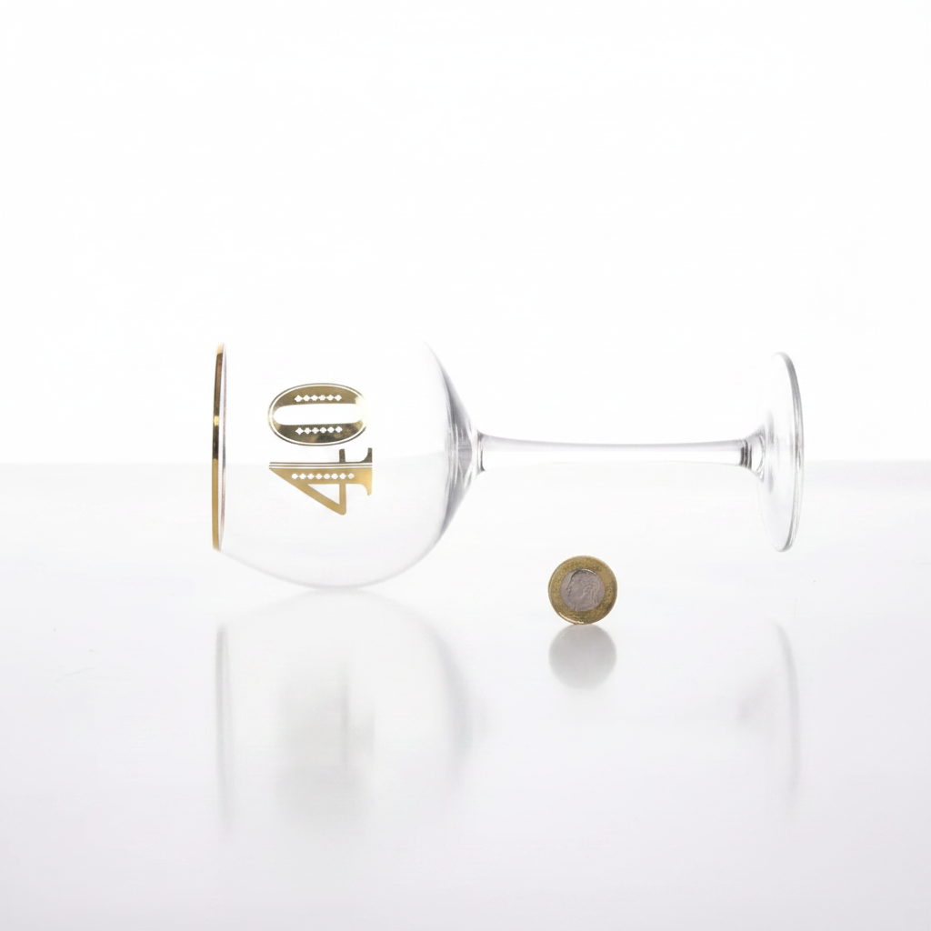 Art Deco 40th Birthday Gin Glass placed beside a pound coin on white background to show scale and size, professional flat lay
