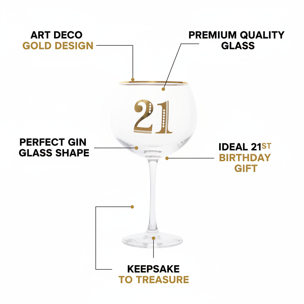 Art Deco 21st Birthday Gin Glass feature infographic with callout labels highlighting Art Deco design, quality glass and gift appeal