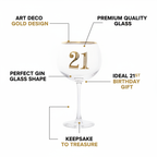 Art Deco 21st Birthday Gin Glass feature infographic with callout labels highlighting Art Deco design, quality glass and gift appeal