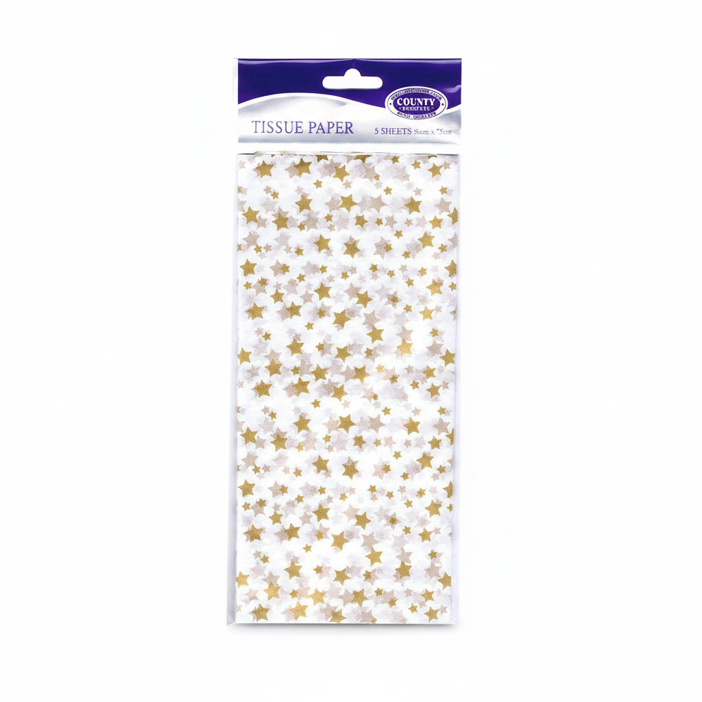 Gold star printed tissue paper pack of 5 on white background, white tissue with warm gold star print, County Products