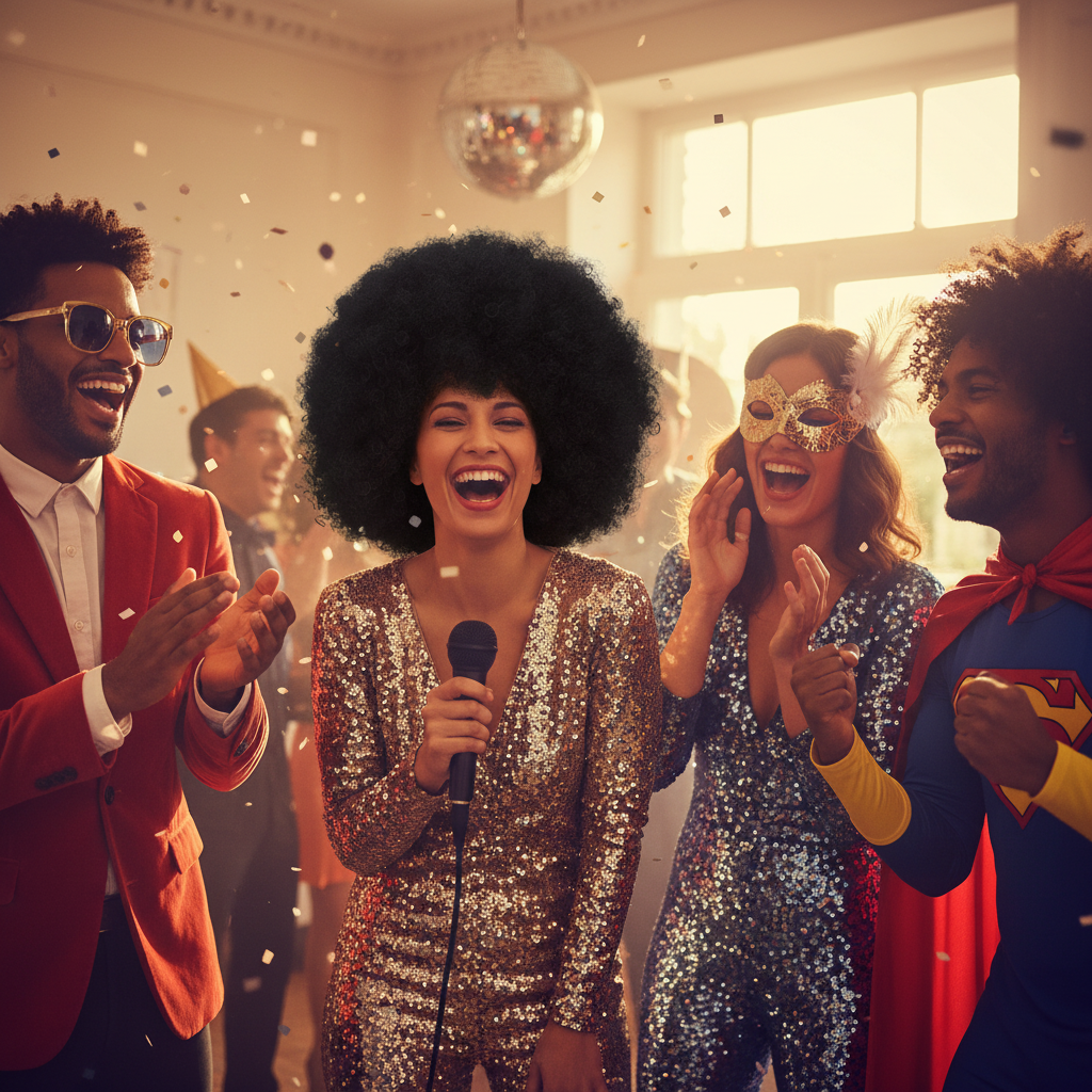 Friends celebrating at a fancy dress party, one wearing the Giant Black Afro Wig, everyone laughing