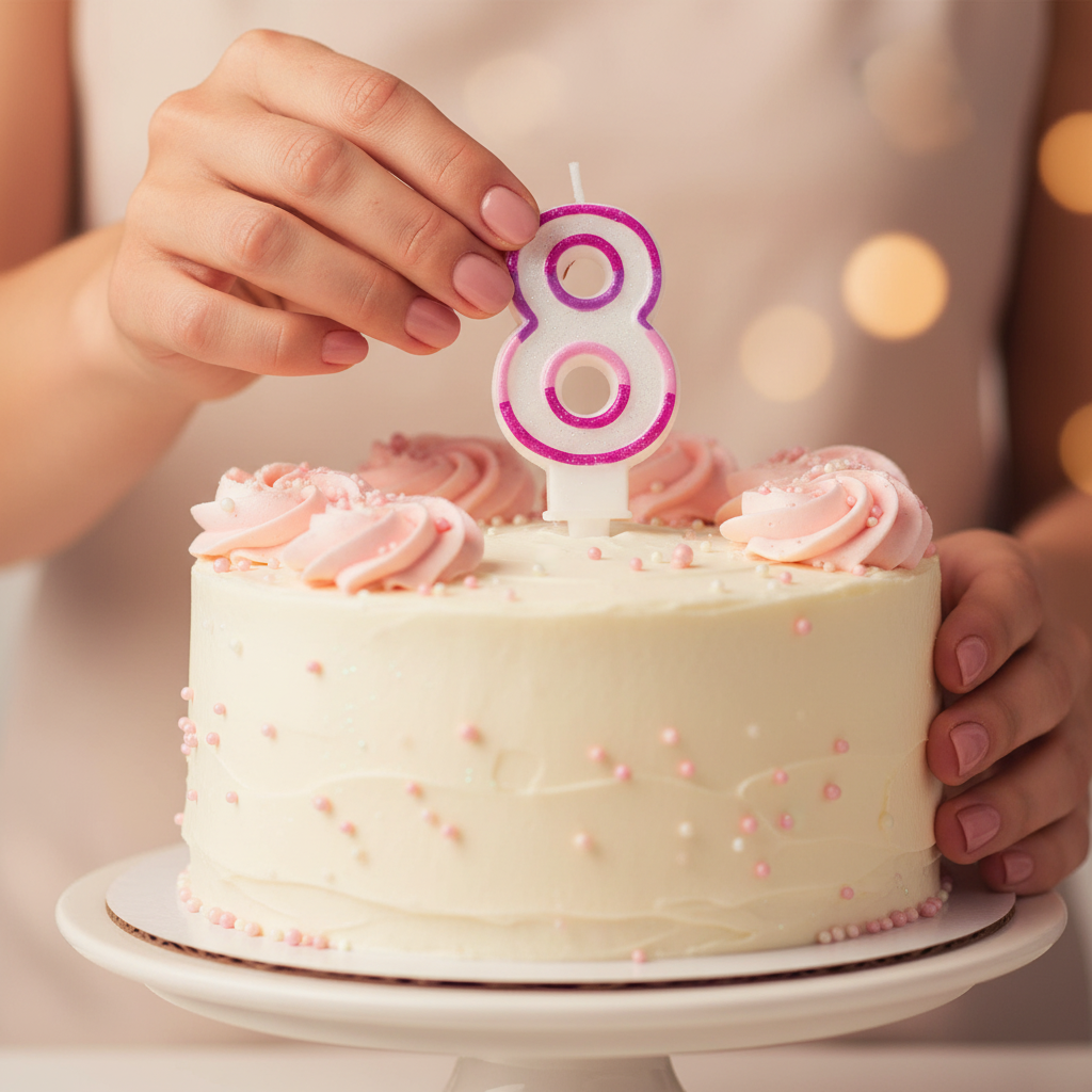 Hands placing Pink Number 8 Birthday Candle onto a decorated birthday cake