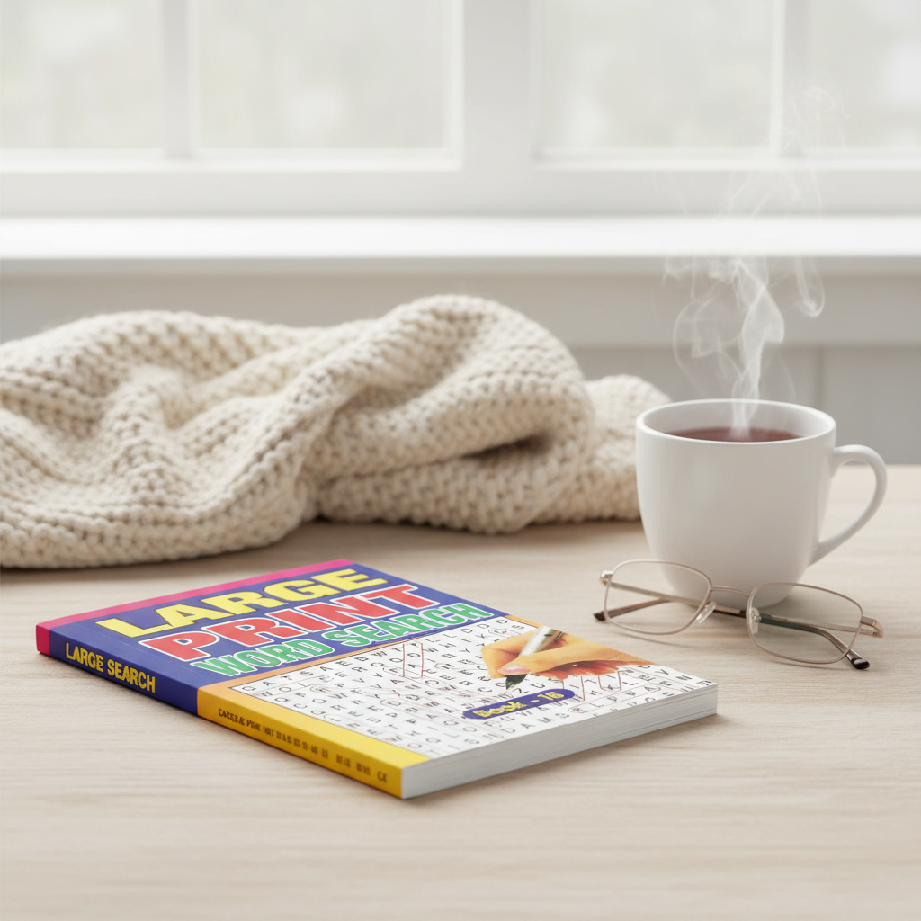 A5 Large Print Word Search Book on a cosy wooden desk with tea and reading glasses