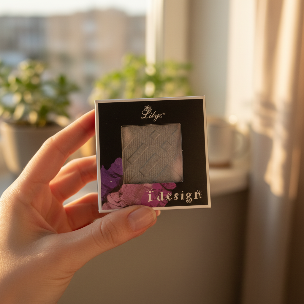Hand holding Lilyz Eyeshadow Mono Misty Silver in a natural beauty setting