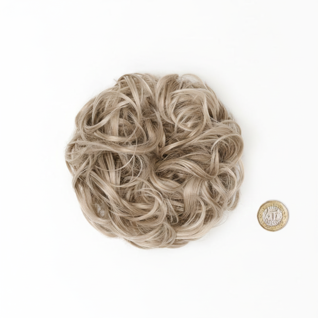 Flat lay of cool ash blonde curly messy hair bun 112 Ash Moon beside a £1 coin showing product size, clean white background with soft overhead lighting