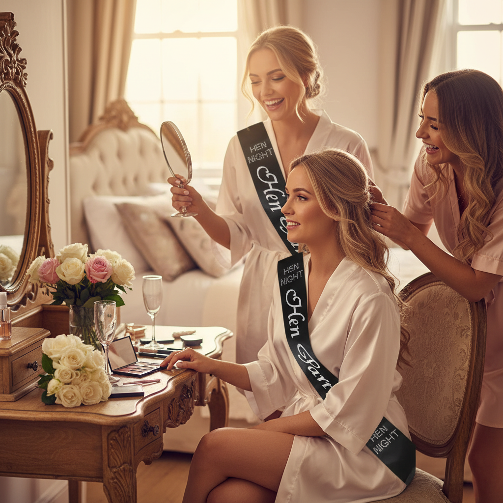 Bride wearing black satin diamante hen party sash getting ready with bridesmaids at vanity mirror
